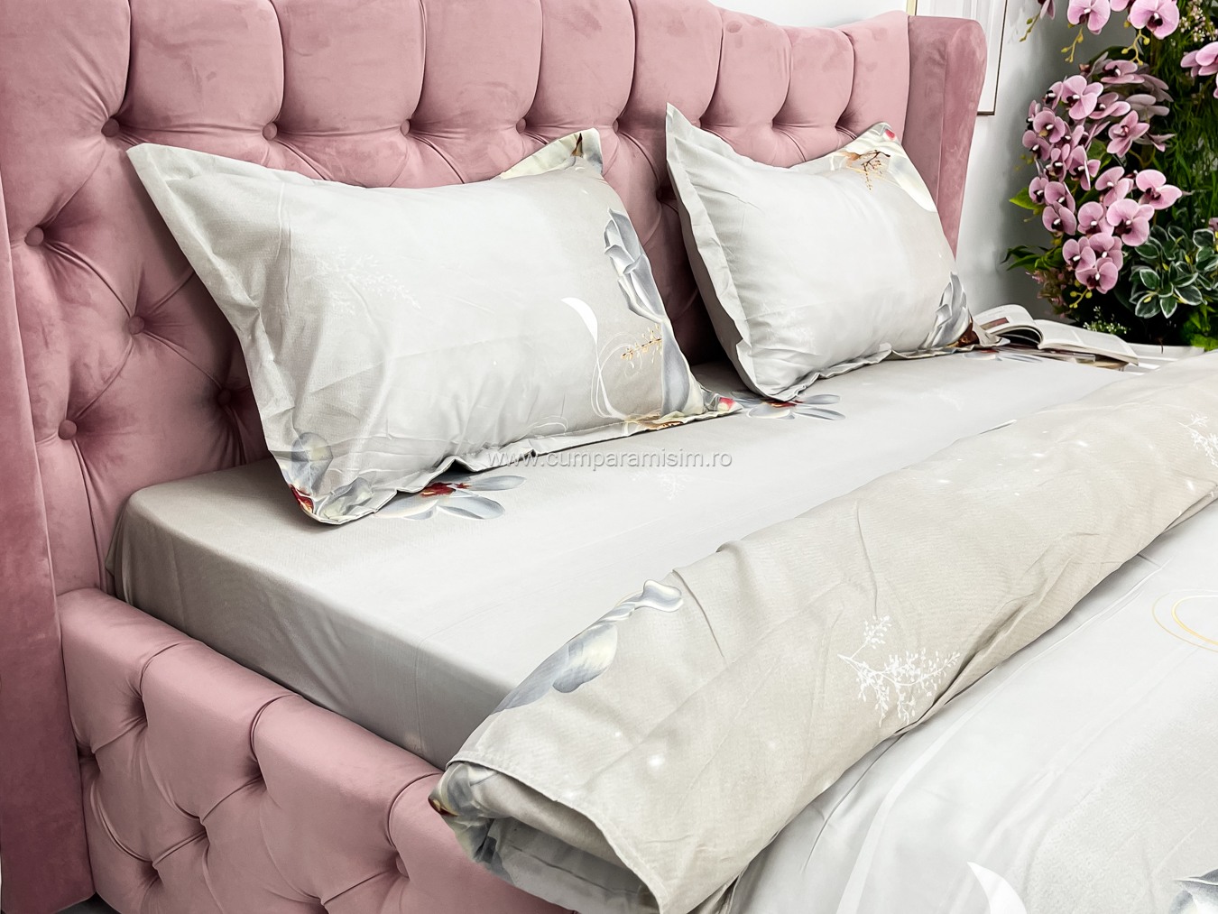 Lenjerie pat dublu imprimeu 3D - 3 Bucati 219 Lei -  Bej flori - imagine 5