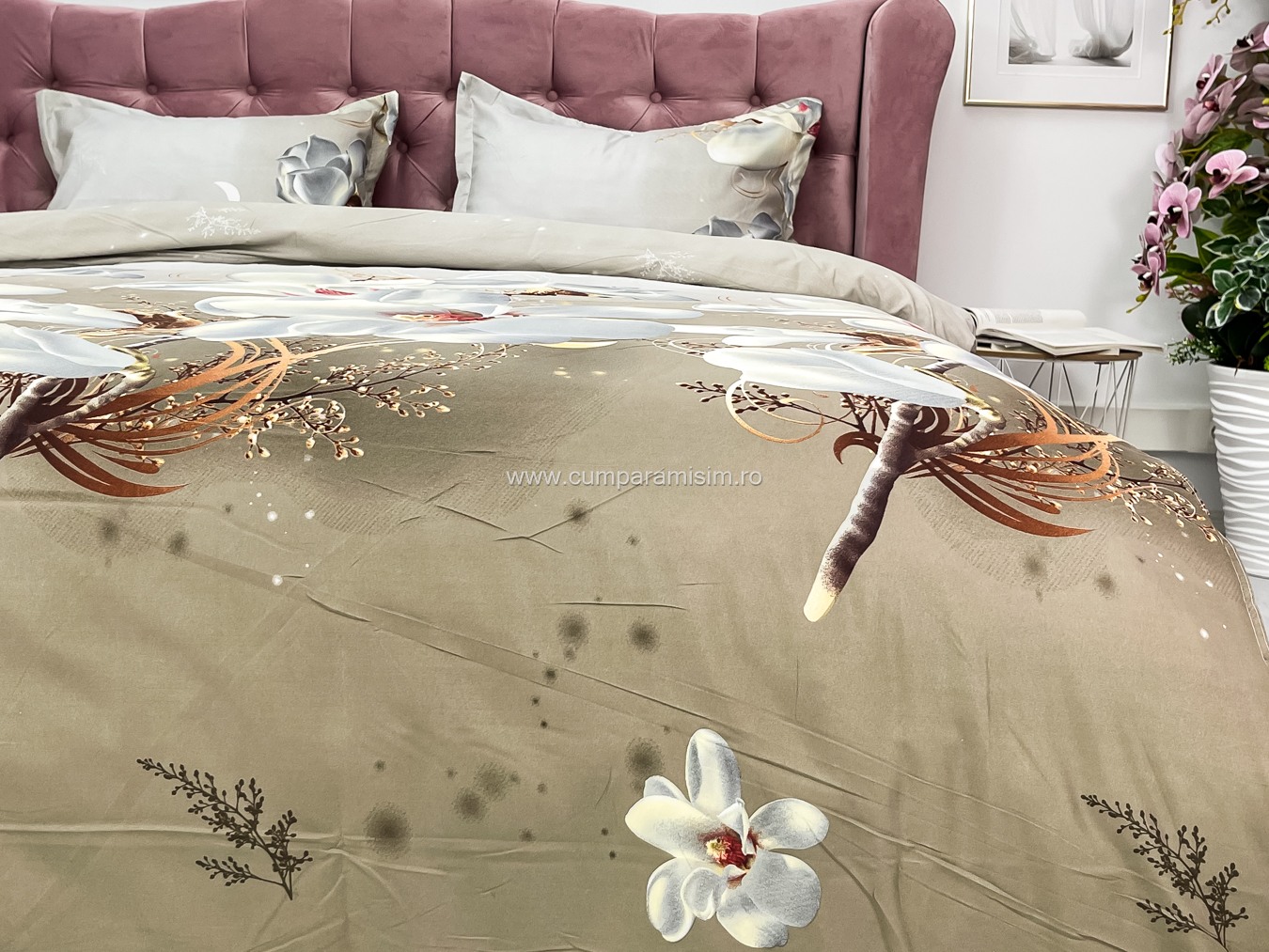 Lenjerie pat dublu imprimeu 3D - 3 Bucati 219 Lei -  Bej flori - imagine 7