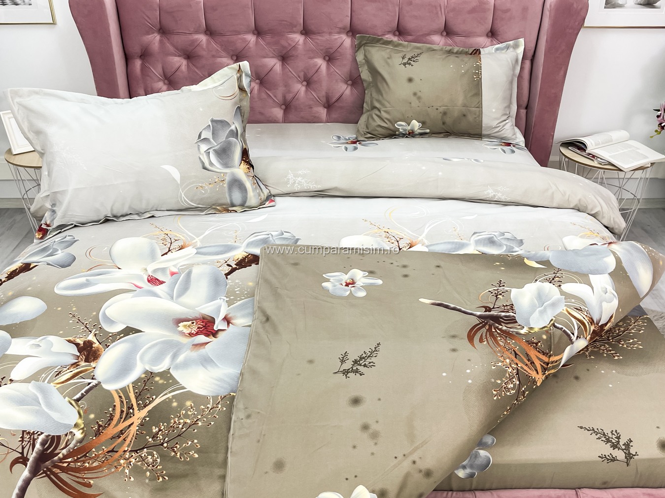 Lenjerie pat dublu imprimeu 3D - 3 Bucati 219 Lei -  Bej flori - imagine 8