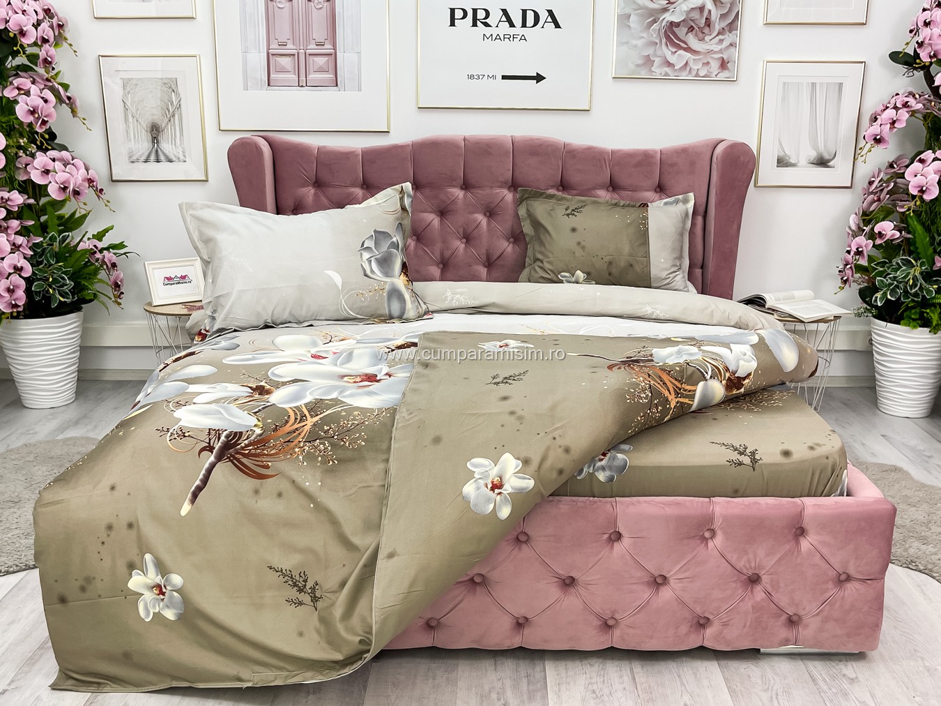 Lenjerie pat dublu imprimeu 3D - 3 Bucati 219 Lei -  Bej flori - imagine 9