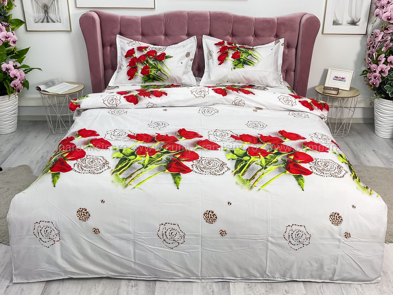 Lenjerie pat dublu imprimeu 3D - 3 Bucati 219 Lei -  Rosu trandafiri - imagine 2