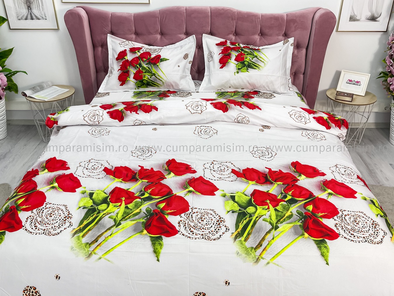 Lenjerie pat dublu imprimeu 3D - 3 Bucati 219 Lei -  Rosu trandafiri - imagine 3