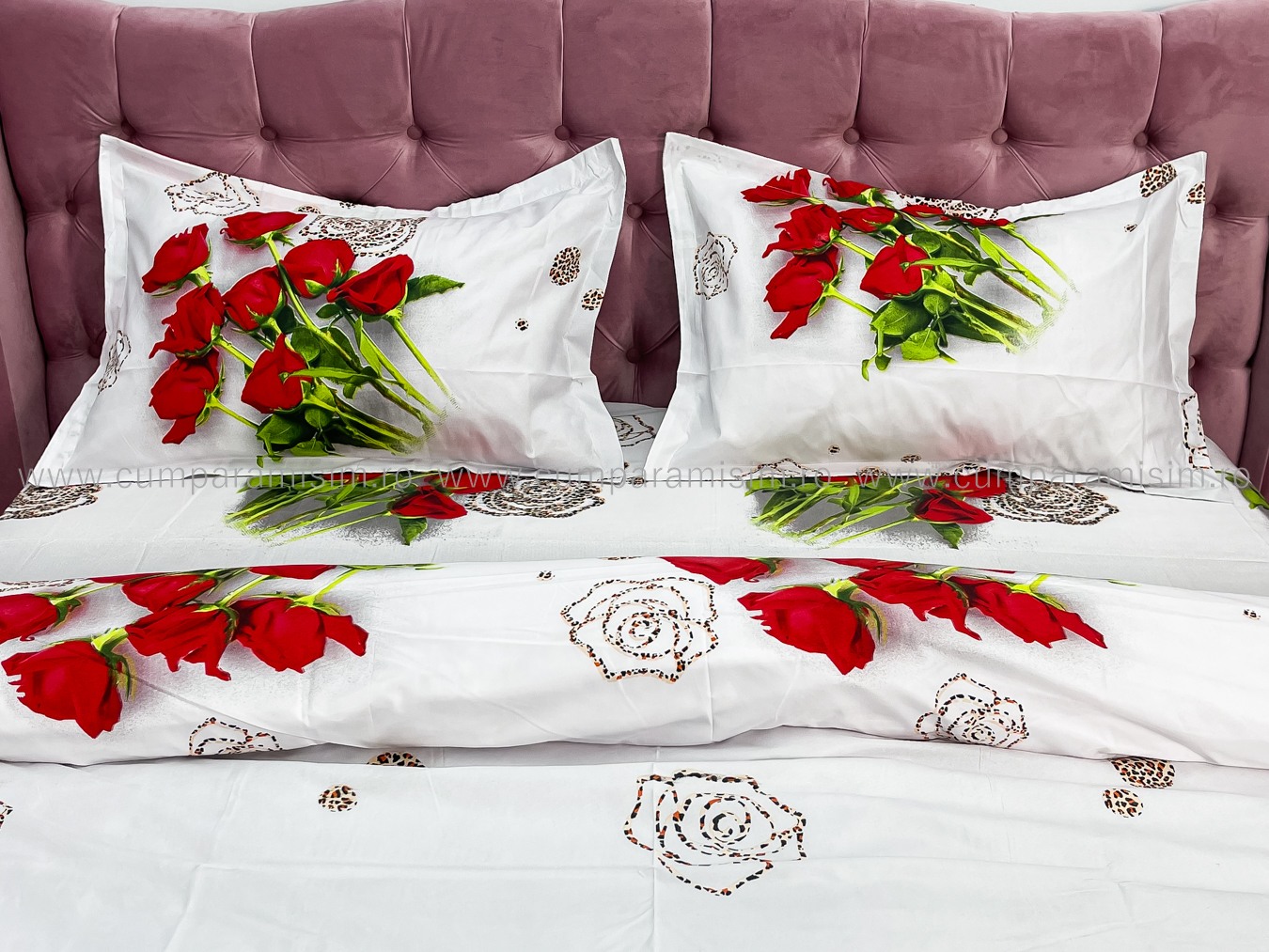 Lenjerie pat dublu imprimeu 3D - 3 Bucati 219 Lei -  Rosu trandafiri - imagine 4