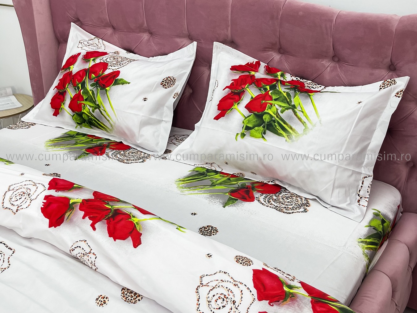Lenjerie pat dublu imprimeu 3D - 3 Bucati 219 Lei -  Rosu trandafiri - imagine 5