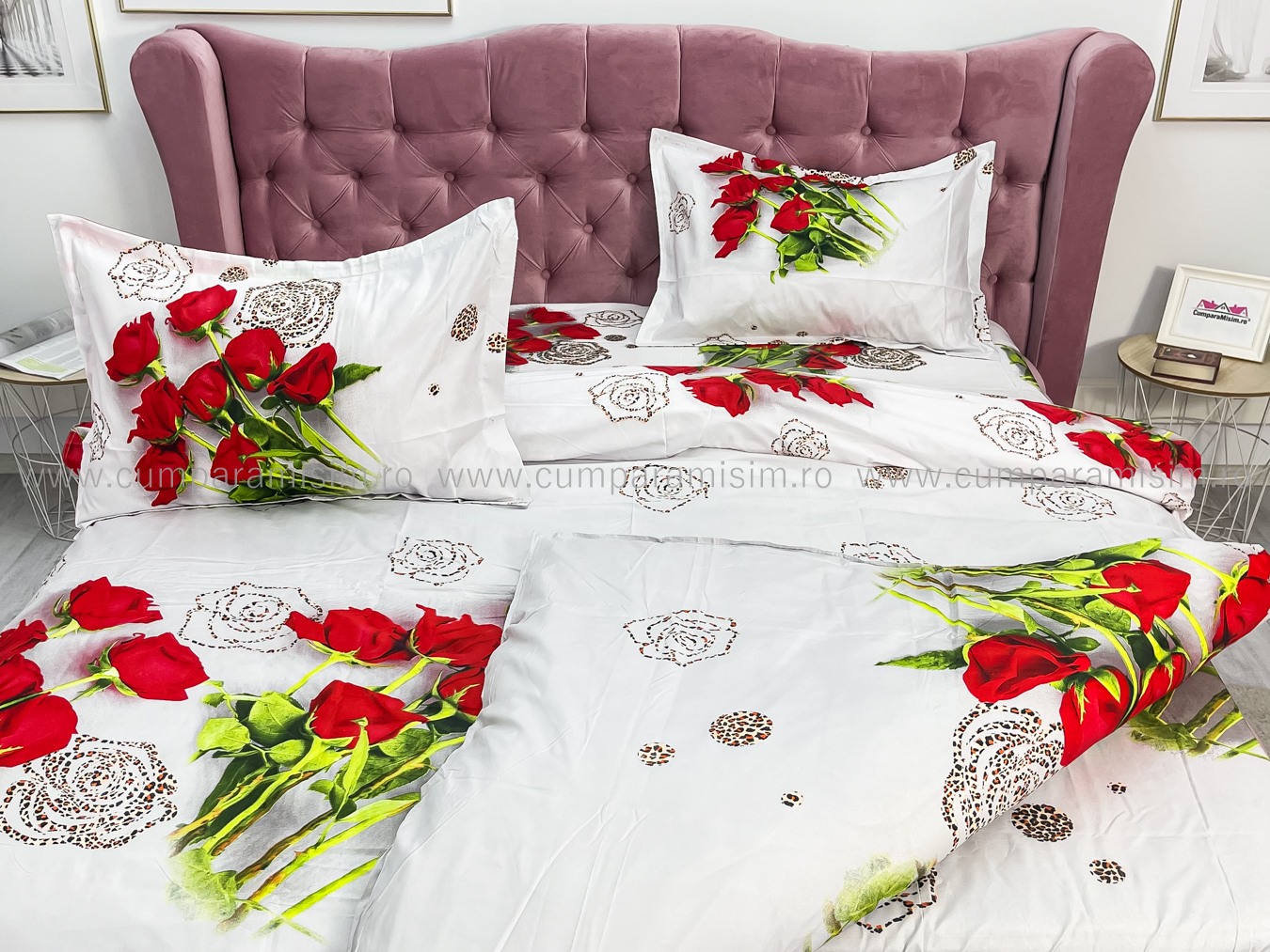 Lenjerie pat dublu imprimeu 3D - 3 Bucati 219 Lei -  Rosu trandafiri - imagine 6