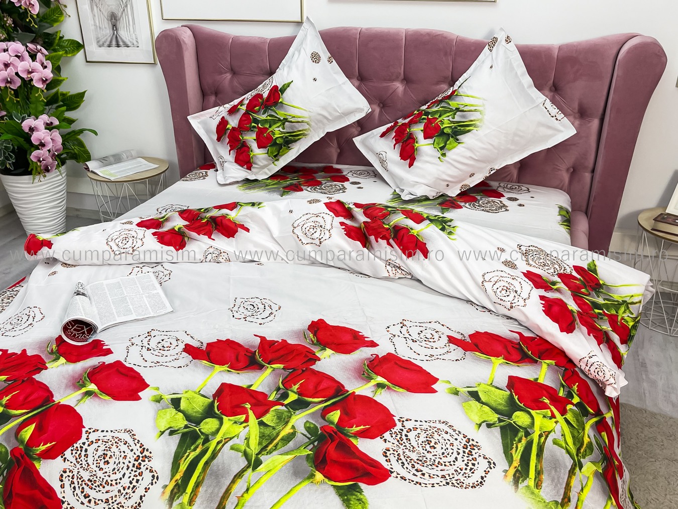 Lenjerie pat dublu imprimeu 3D - 3 Bucati 219 Lei -  Rosu trandafiri - imagine 7