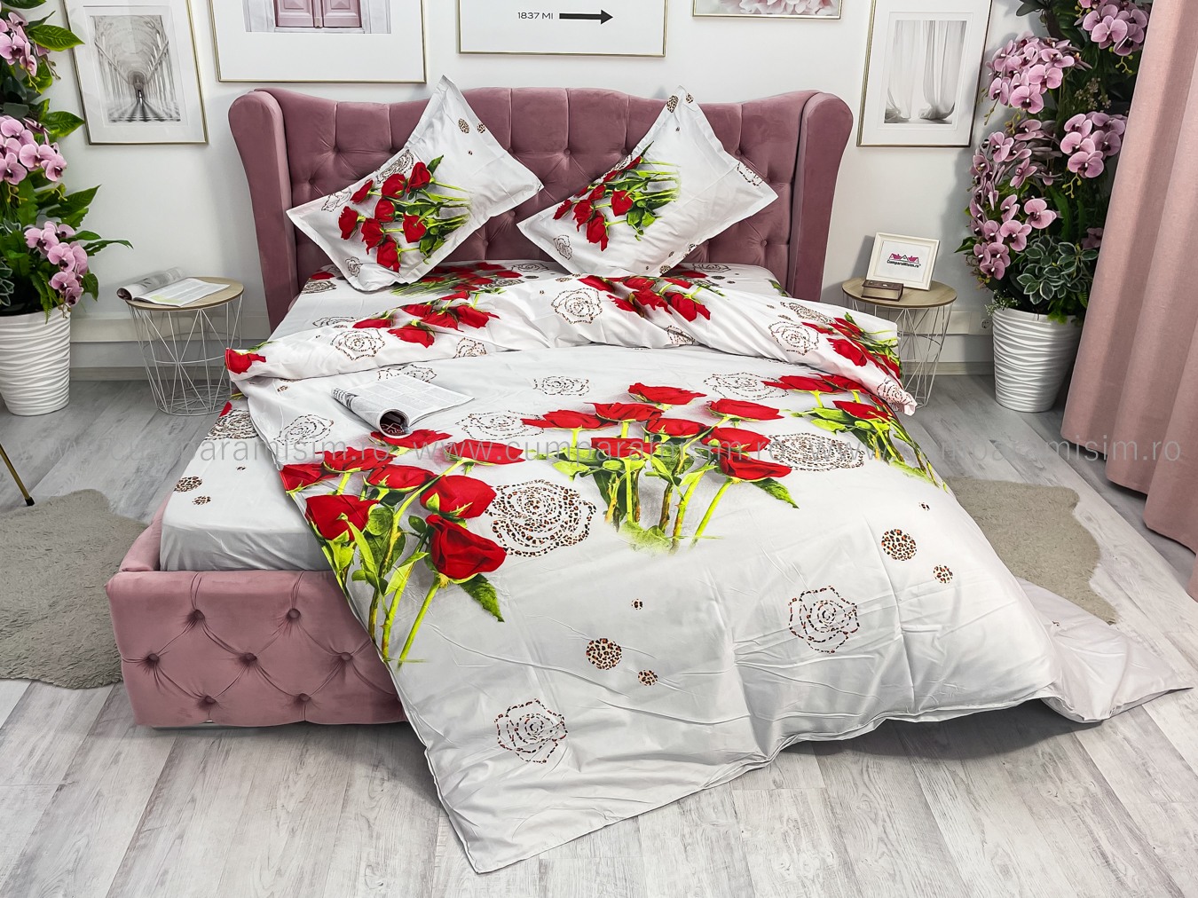 Lenjerie pat dublu imprimeu 3D - 3 Bucati 219 Lei -  Rosu trandafiri - imagine 8