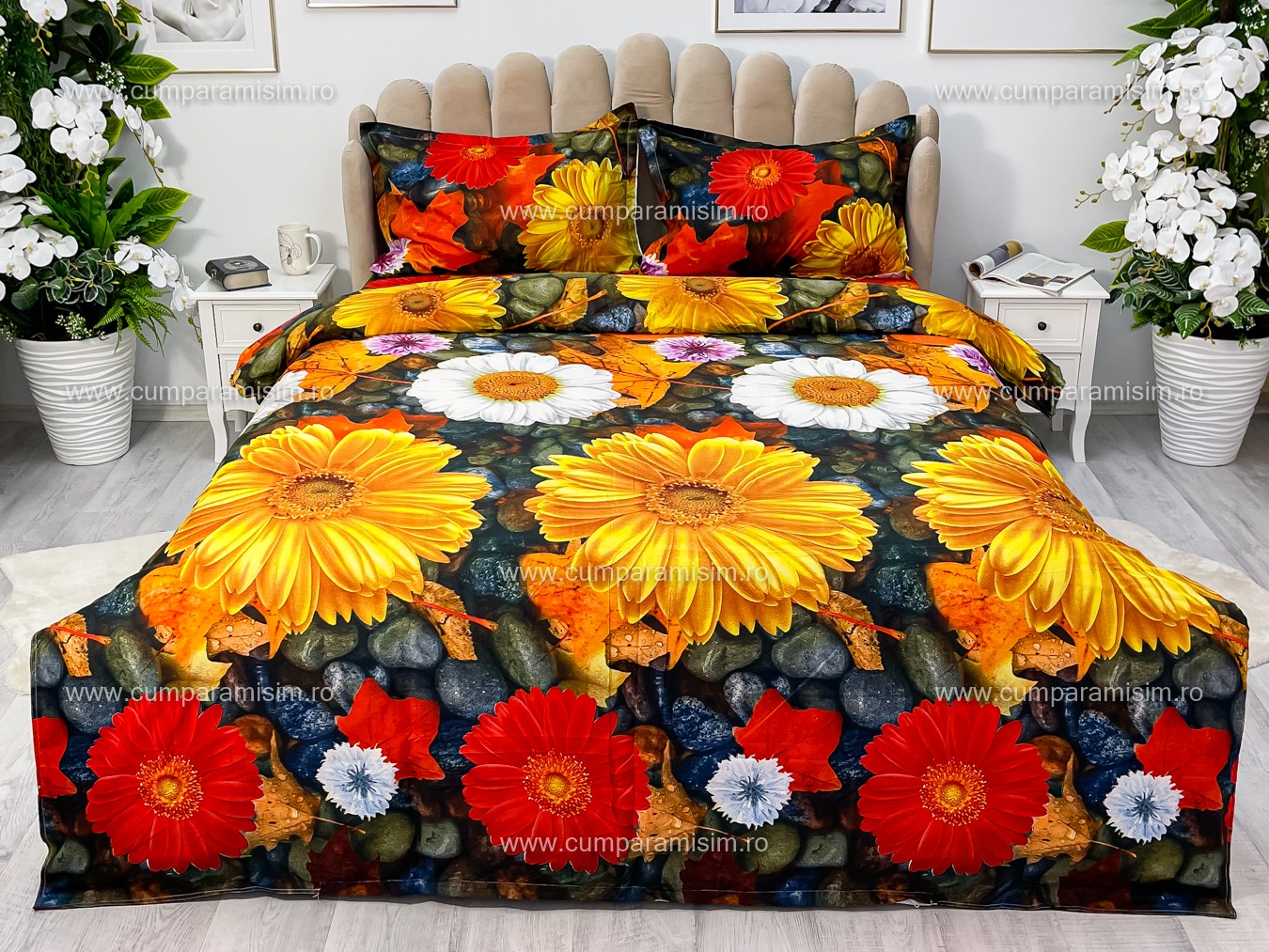 Lenjerie pat dublu imprimeu 3D - 3 Bucati 219 Lei -  Galben flori - imagine 2