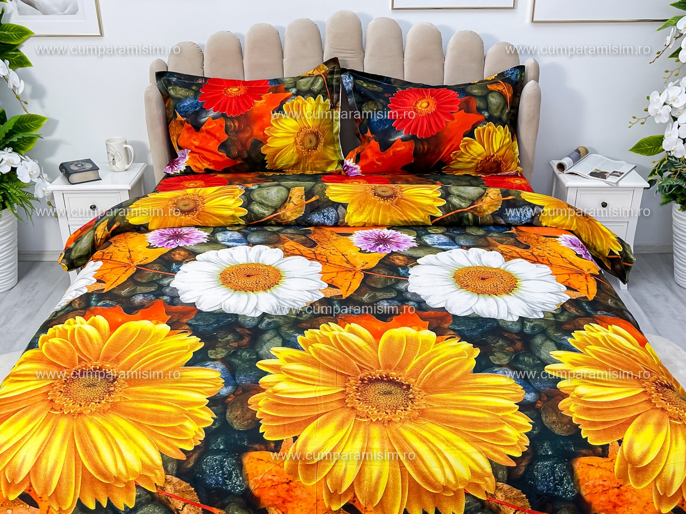 Lenjerie pat dublu imprimeu 3D - 3 Bucati 219 Lei -  Galben flori - imagine 3