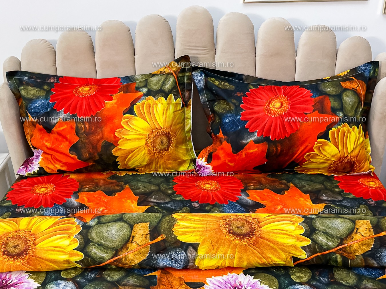 Lenjerie pat dublu imprimeu 3D - 3 Bucati 219 Lei -  Galben flori - imagine 4