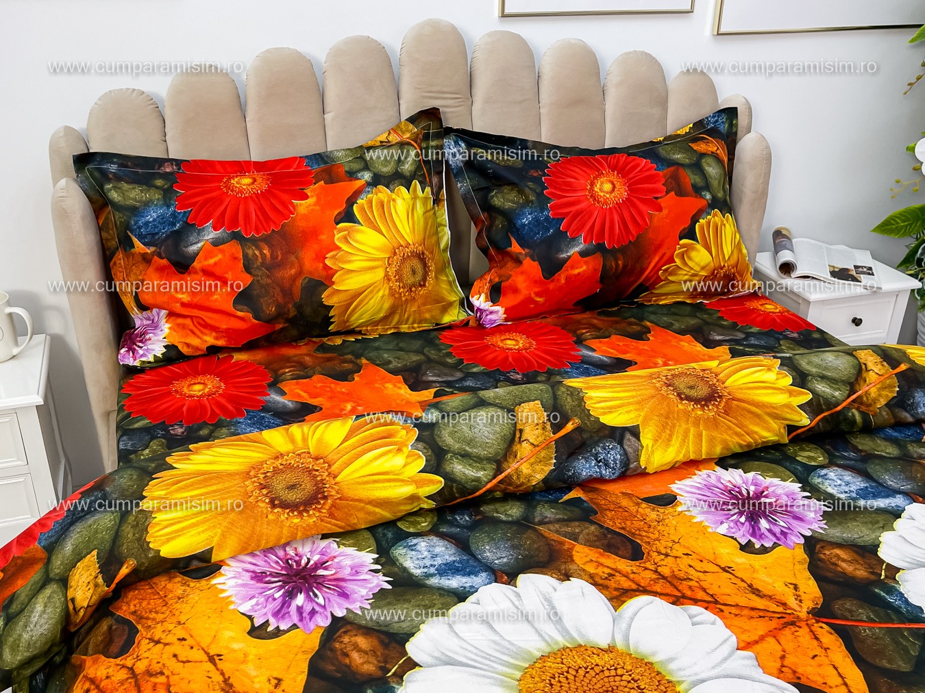 Lenjerie pat dublu imprimeu 3D - 3 Bucati 219 Lei -  Galben flori - imagine 5