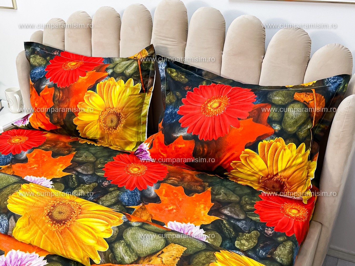 Lenjerie pat dublu imprimeu 3D - 3 Bucati 219 Lei -  Galben flori - imagine 6