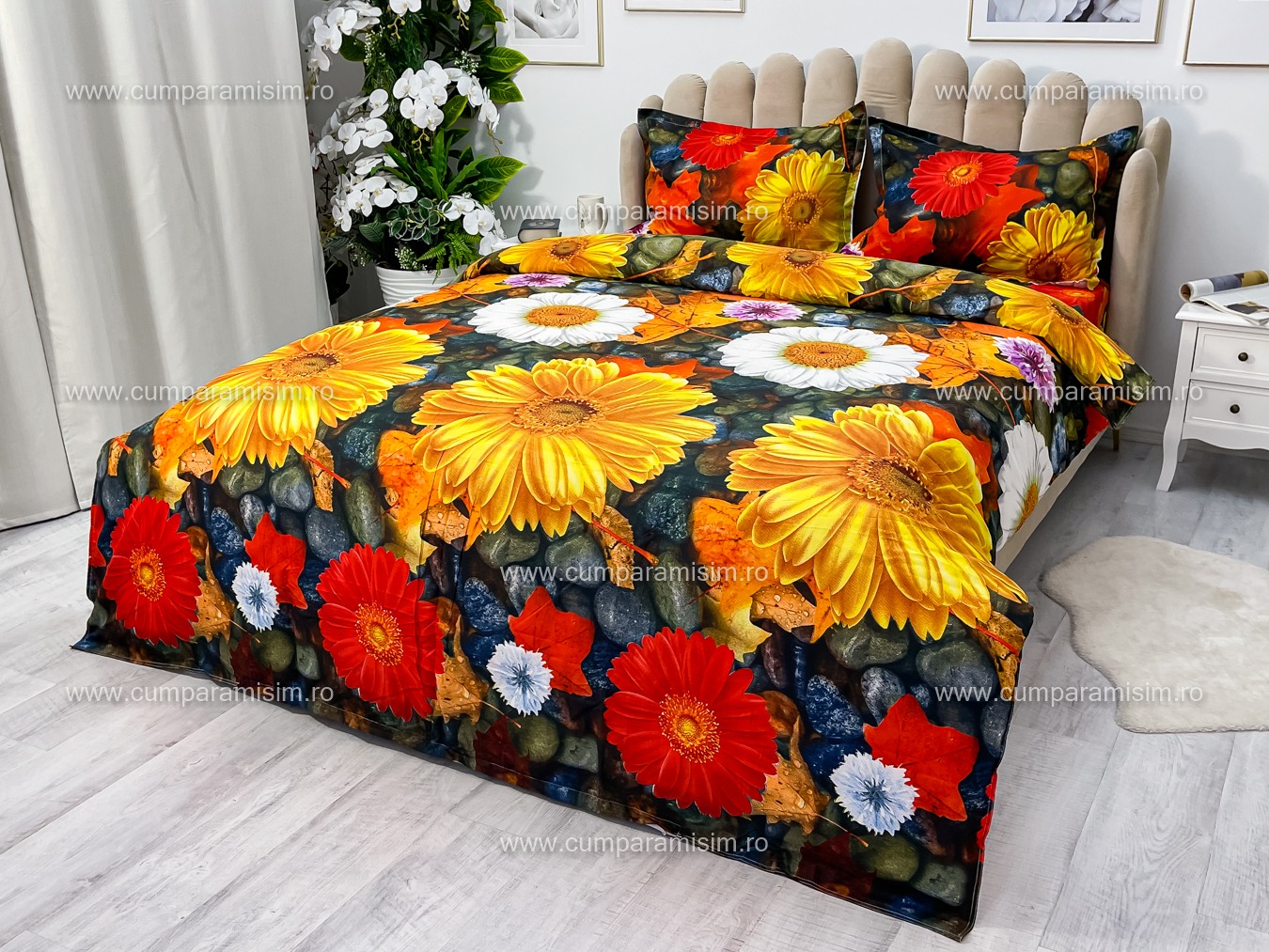 Lenjerie pat dublu imprimeu 3D - 3 Bucati 219 Lei -  Galben flori - imagine 7