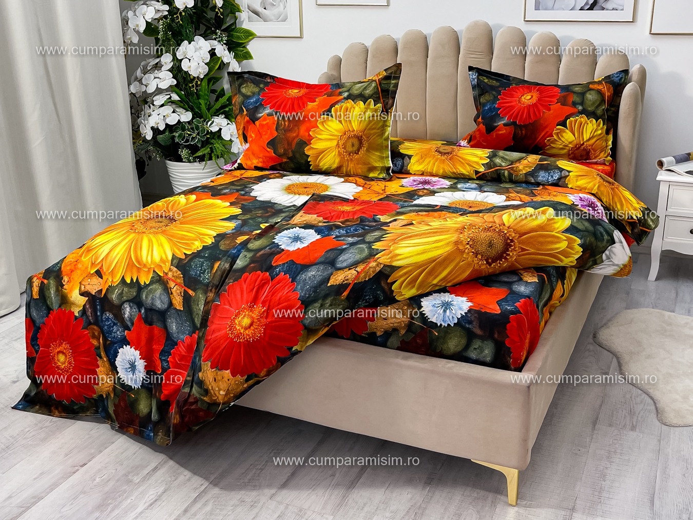 Lenjerie pat dublu imprimeu 3D - 3 Bucati 219 Lei -  Galben flori - imagine 8