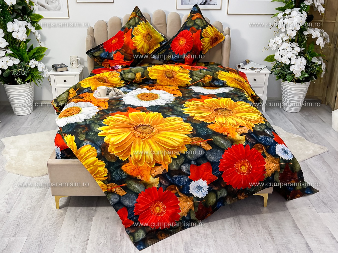 Lenjerie pat dublu imprimeu 3D - 3 Bucati 219 Lei -  Galben flori - imagine 9