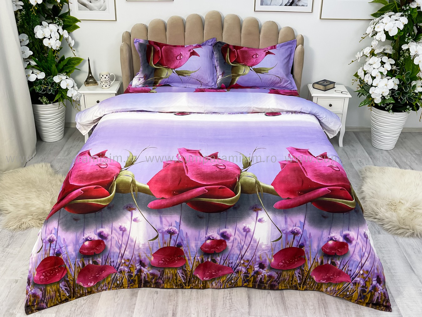 Lenjerie pat dublu imprimeu 3D - 3 Bucati 219 Lei -  Rosu trandafiri - imagine 2