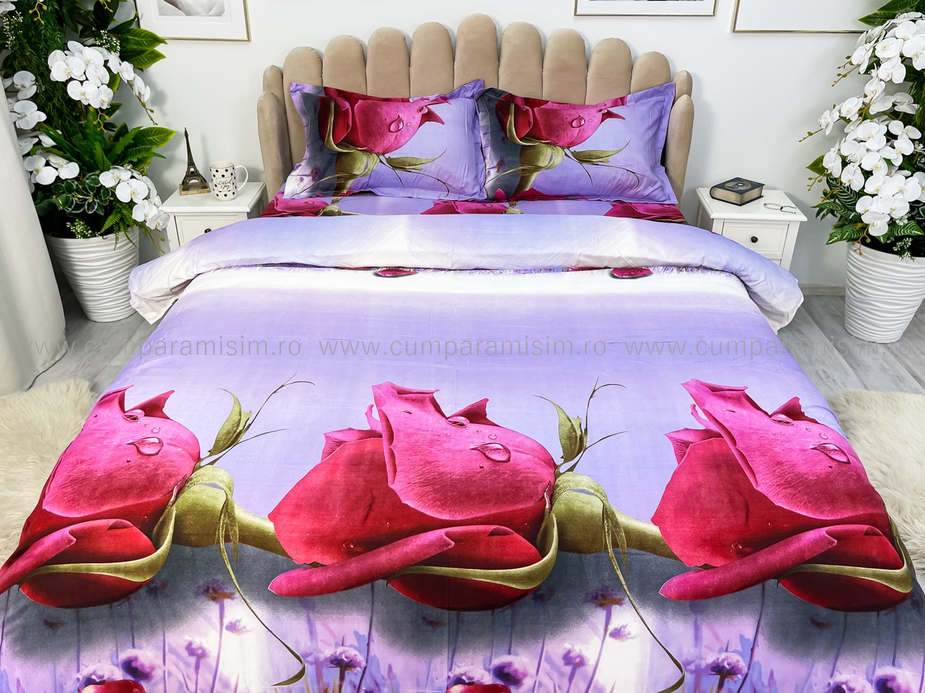 Lenjerie pat dublu imprimeu 3D - 3 Bucati 219 Lei -  Rosu trandafiri - imagine 3