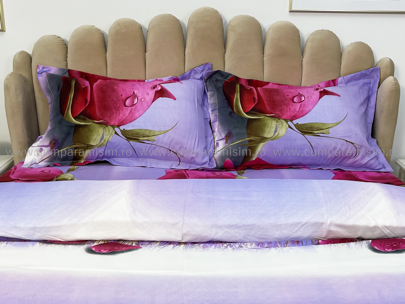 Lenjerie pat dublu imprimeu 3D - 3 Bucati 219 Lei -  Rosu trandafiri - imagine 4