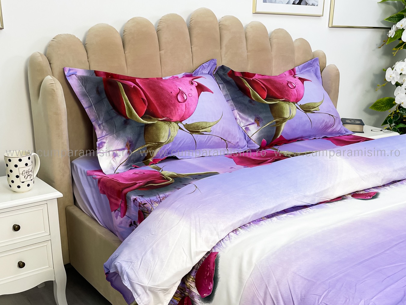 Lenjerie pat dublu imprimeu 3D - 3 Bucati 219 Lei -  Rosu trandafiri - imagine 5