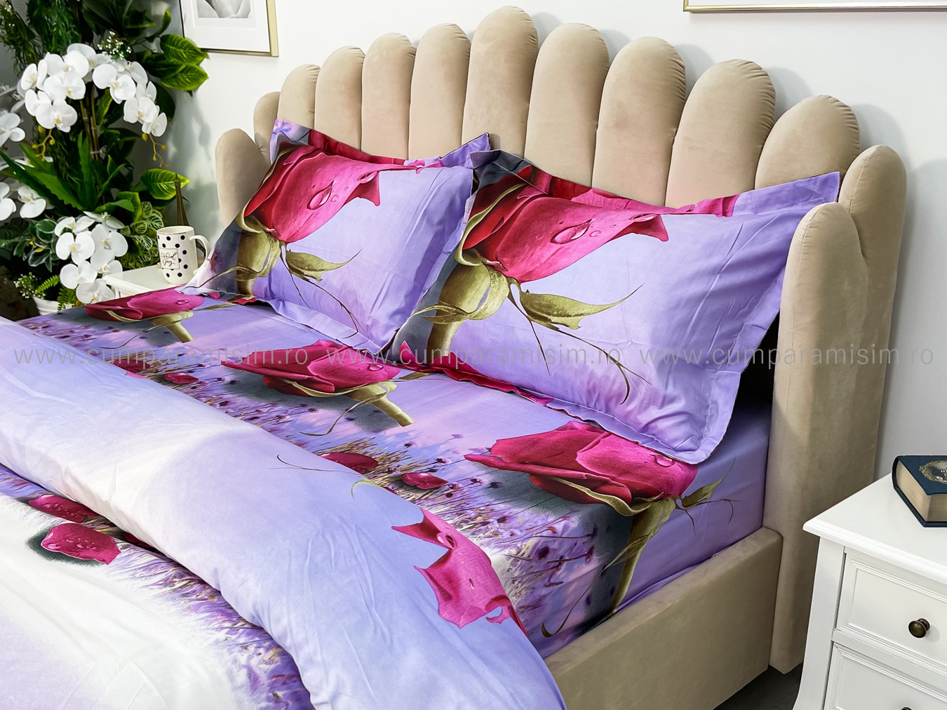 Lenjerie pat dublu imprimeu 3D - 3 Bucati 219 Lei -  Rosu trandafiri - imagine 6