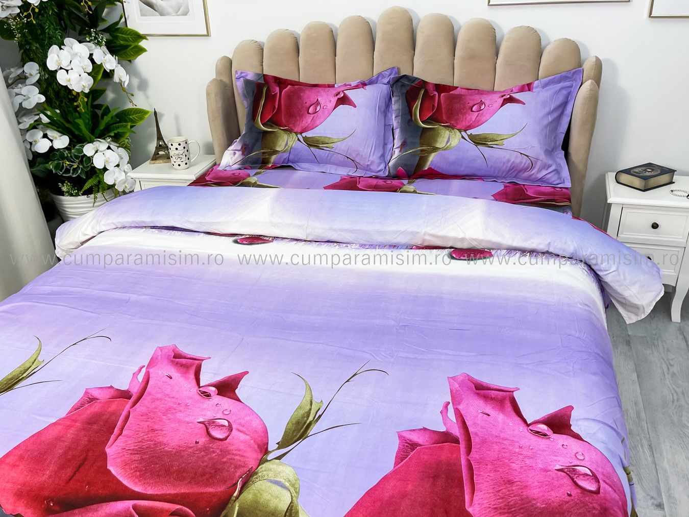 Lenjerie pat dublu imprimeu 3D - 3 Bucati 219 Lei -  Rosu trandafiri - imagine 7