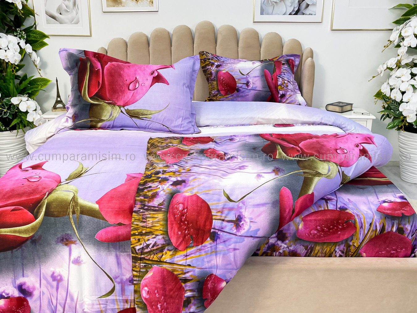 Lenjerie pat dublu imprimeu 3D - 3 Bucati 219 Lei -  Rosu trandafiri - imagine 8