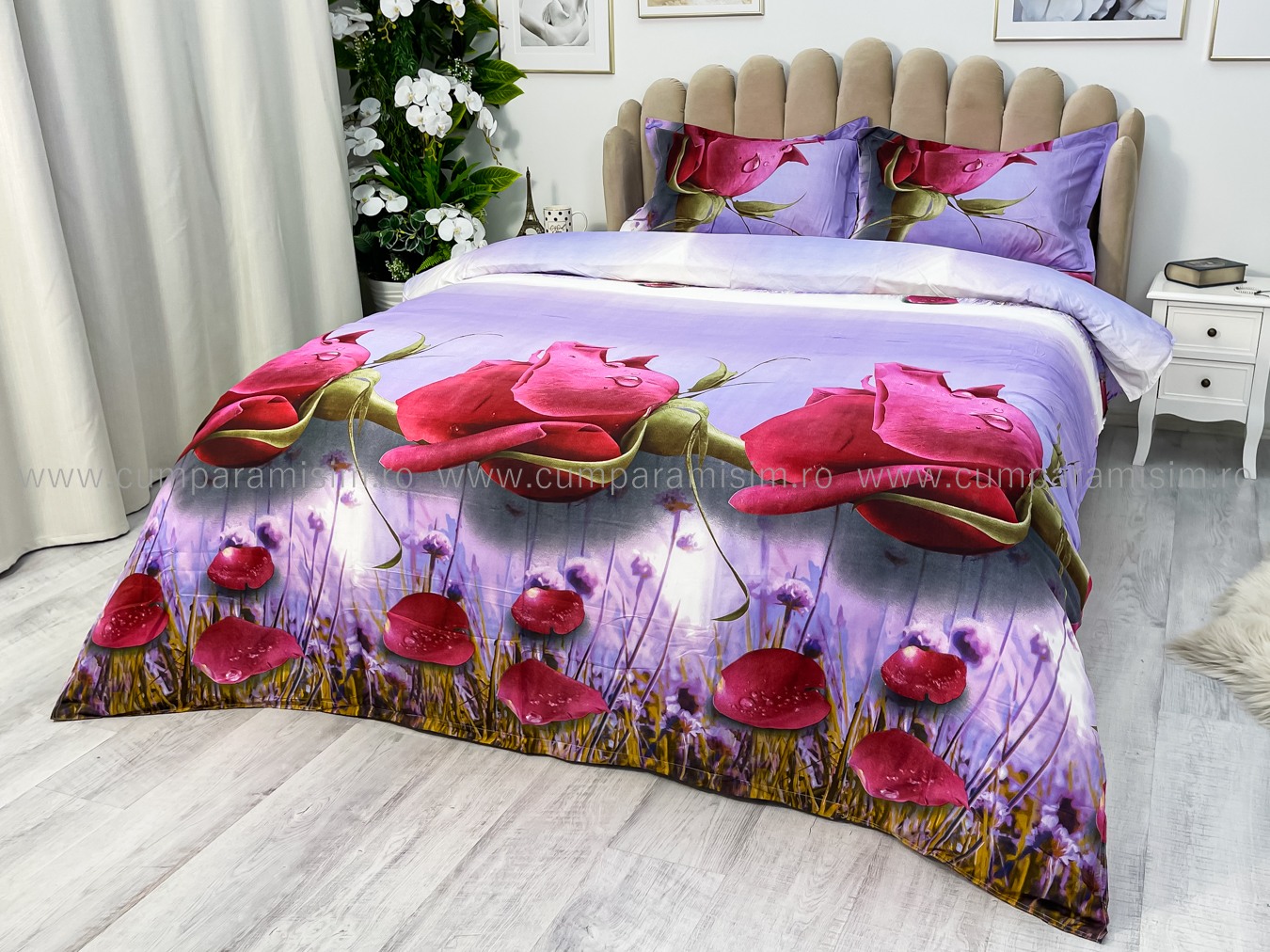 Lenjerie pat dublu imprimeu 3D - 3 Bucati 219 Lei -  Rosu trandafiri - imagine 9