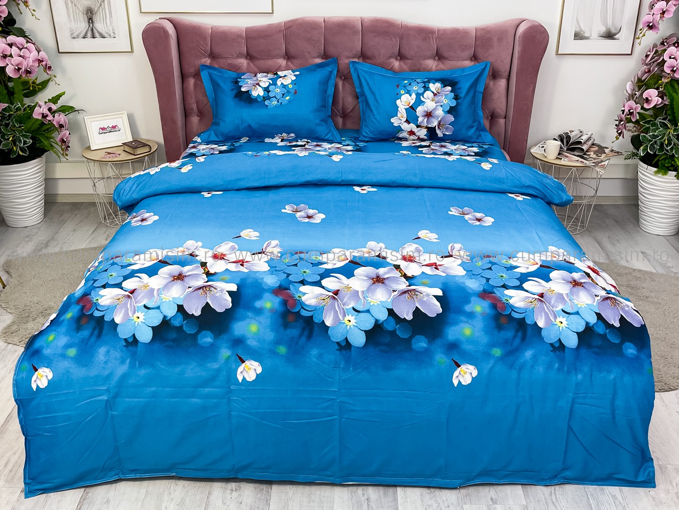 Lenjerie pat dublu imprimeu 3D - 3 Bucati 219 Lei -  Albastru flori de cires - imagine 2