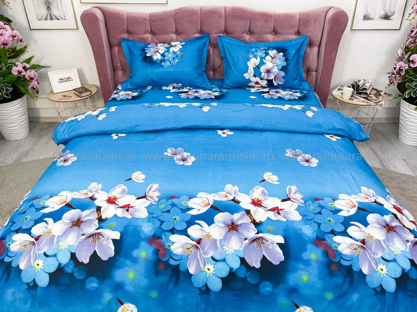 Lenjerie pat dublu imprimeu 3D - 3 Bucati 219 Lei -  Albastru flori de cires - imagine 3
