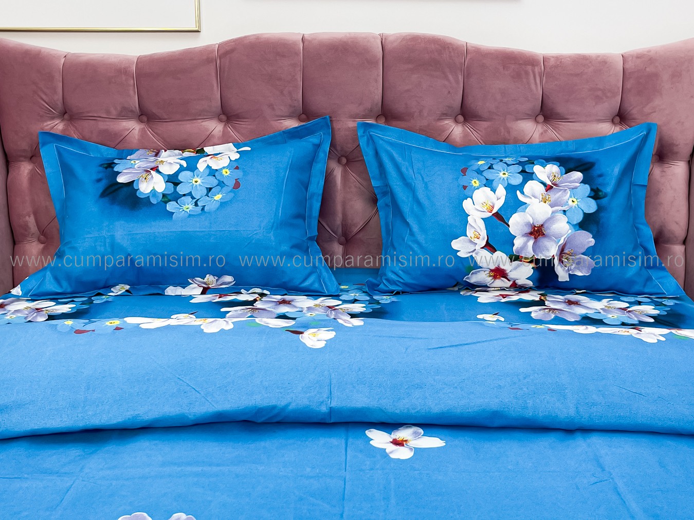 Lenjerie pat dublu imprimeu 3D - 3 Bucati 219 Lei -  Albastru flori de cires - imagine 4