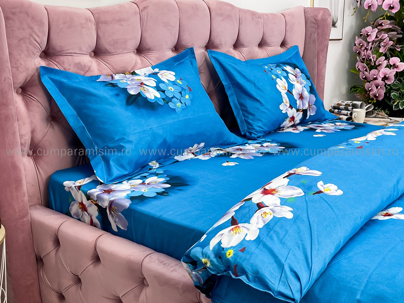 Lenjerie pat dublu imprimeu 3D - 3 Bucati 219 Lei -  Albastru flori de cires - imagine 5