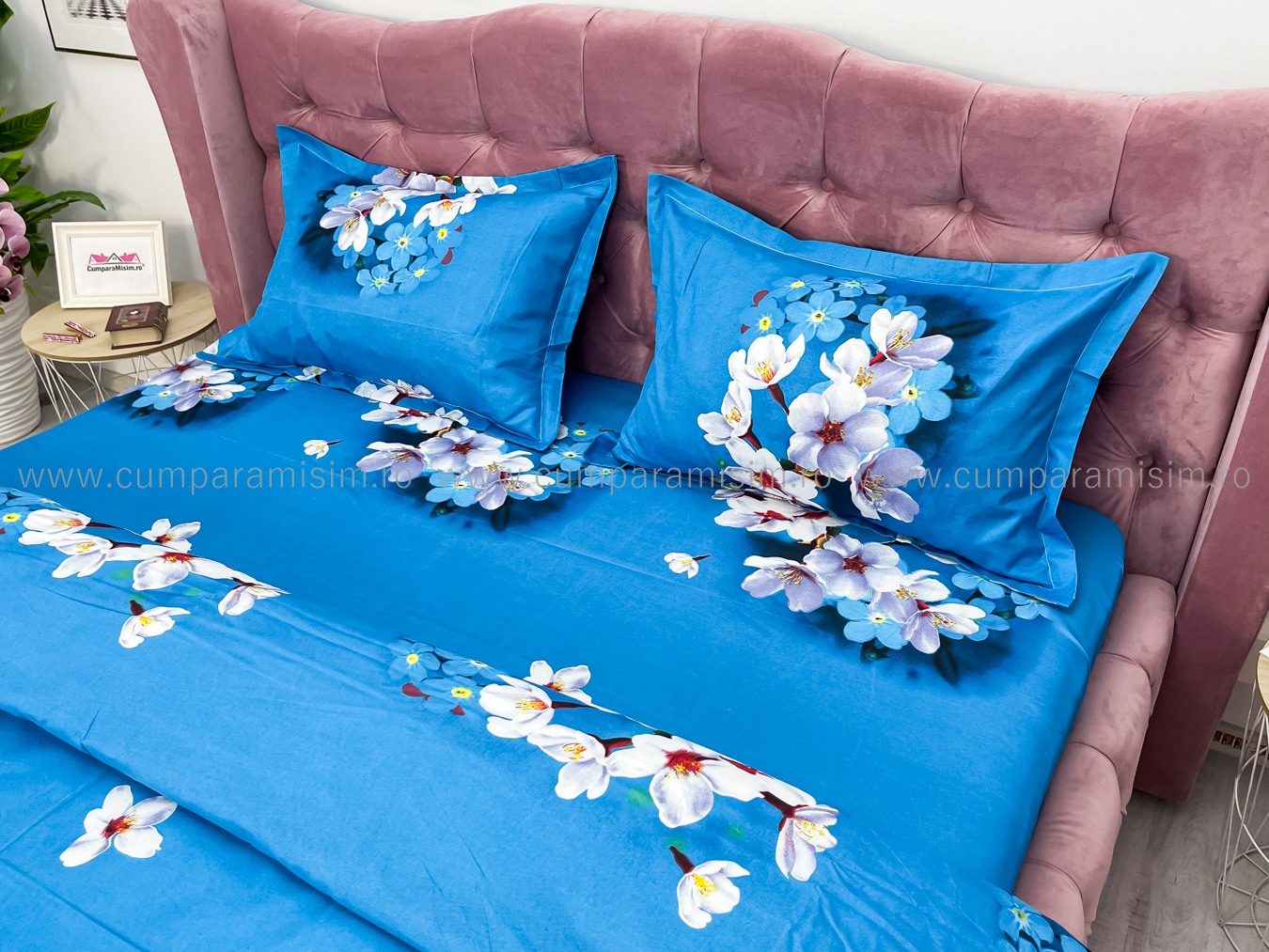 Lenjerie pat dublu imprimeu 3D - 3 Bucati 219 Lei -  Albastru flori de cires - imagine 6