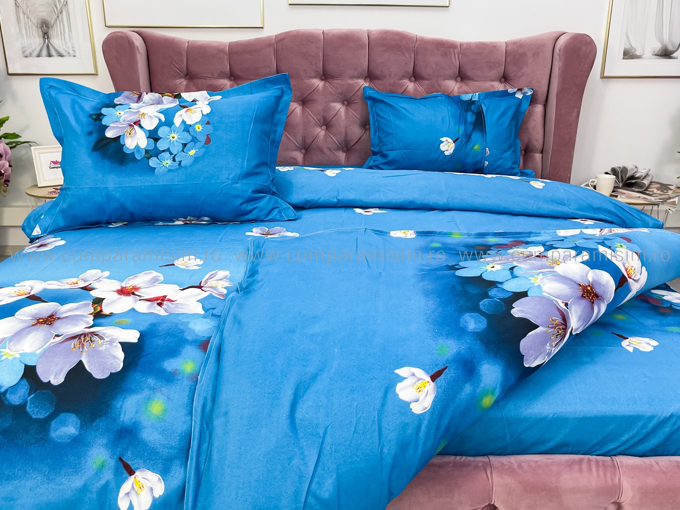 Lenjerie pat dublu imprimeu 3D - 3 Bucati 219 Lei -  Albastru flori de cires - imagine 7