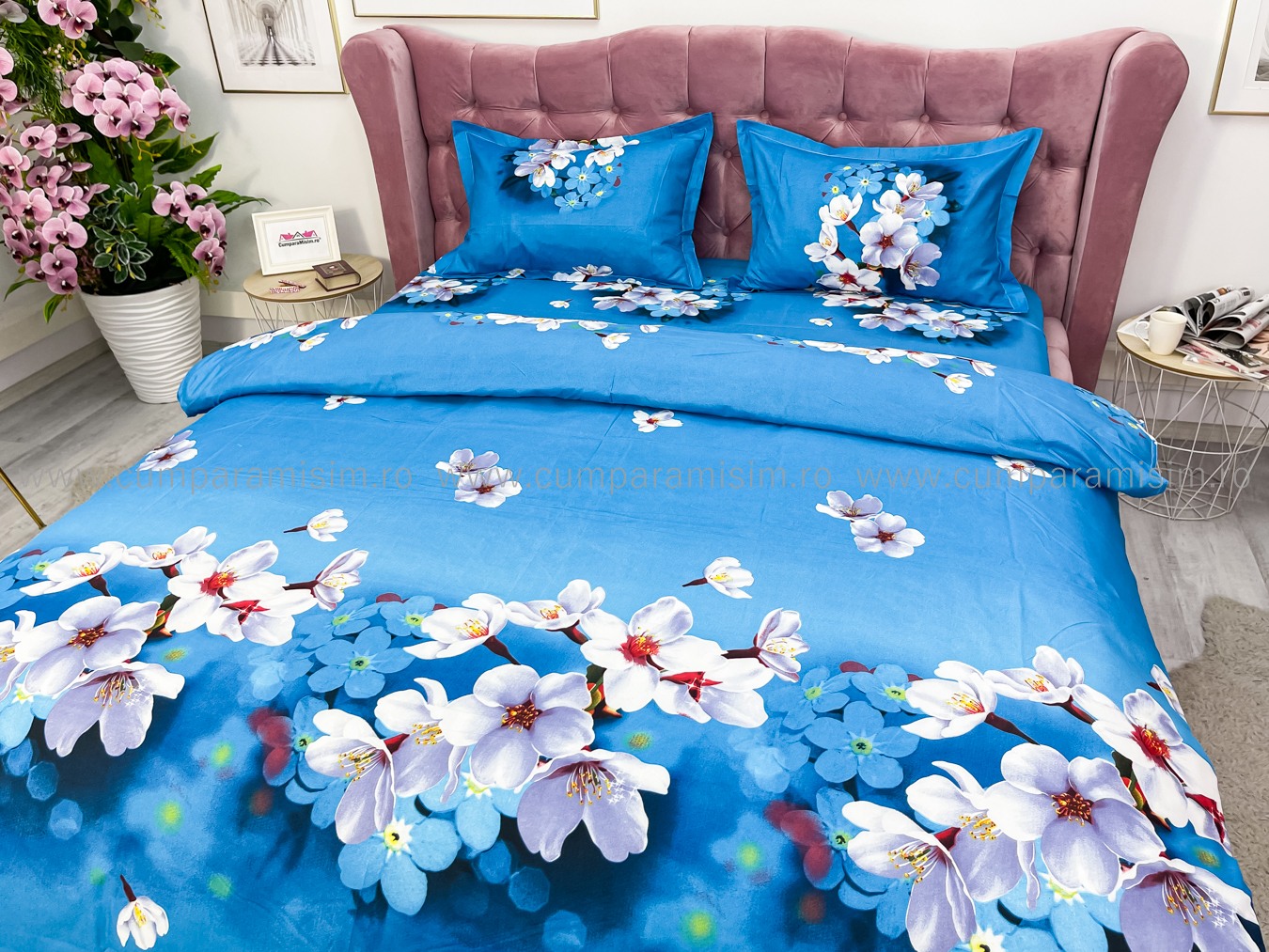 Lenjerie pat dublu imprimeu 3D - 3 Bucati 219 Lei -  Albastru flori de cires - imagine 8