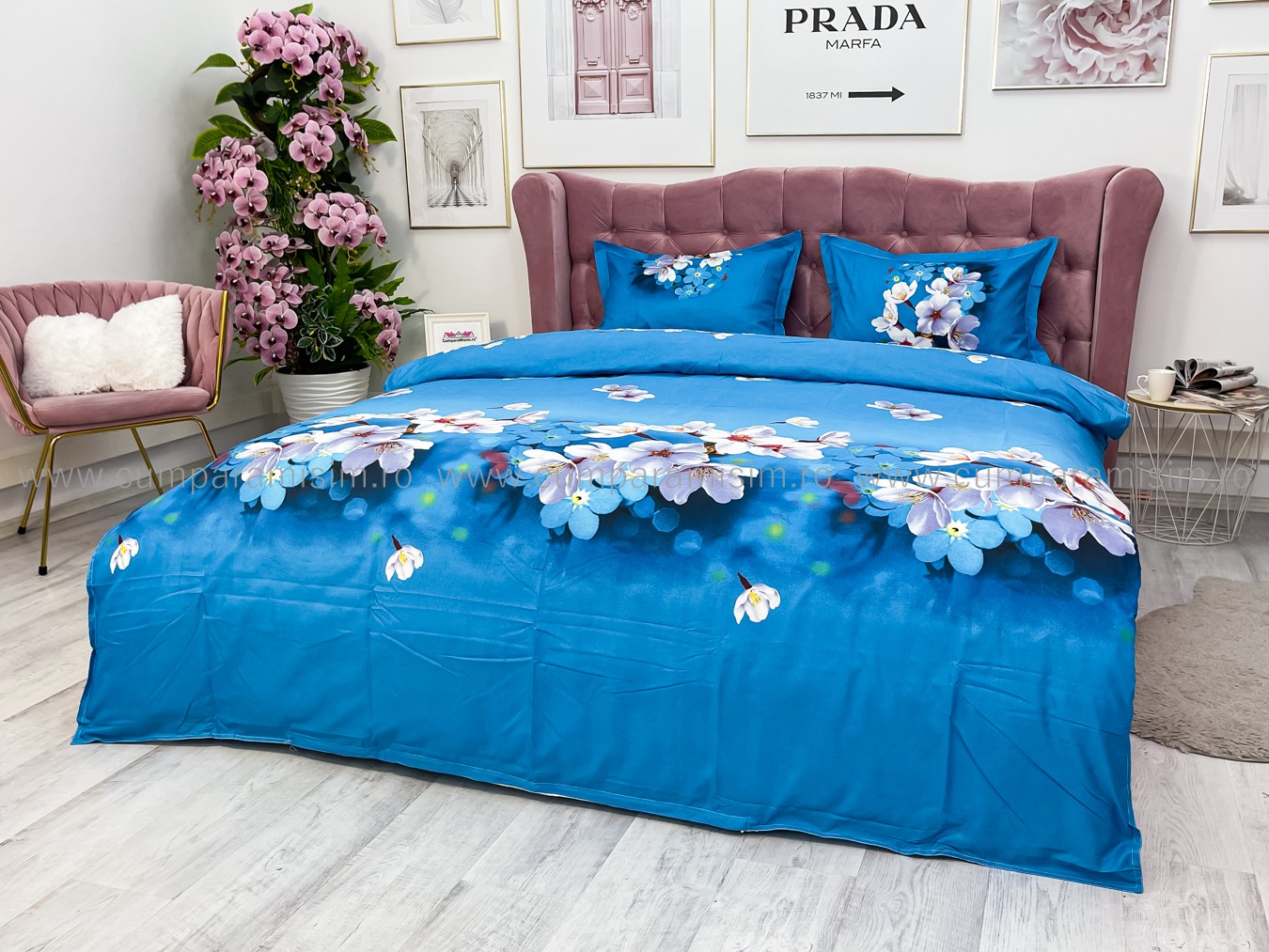 Lenjerie pat dublu imprimeu 3D - 3 Bucati 219 Lei -  Albastru flori de cires - imagine 9