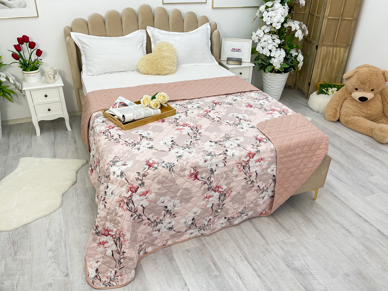 Cuvertura matlasata cu doua fete pentru pat dublu , 210x210, Roz pudra, flori - imagine 3