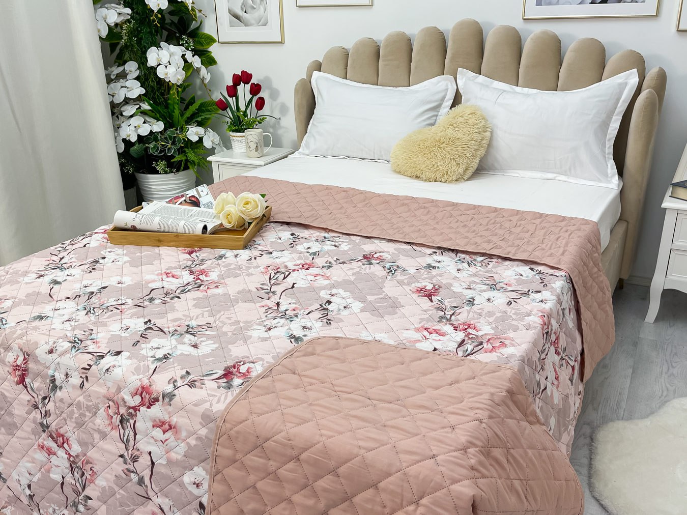 Cuvertura matlasata cu doua fete pentru pat dublu , 210x210, Roz pudra, flori - imagine 4
