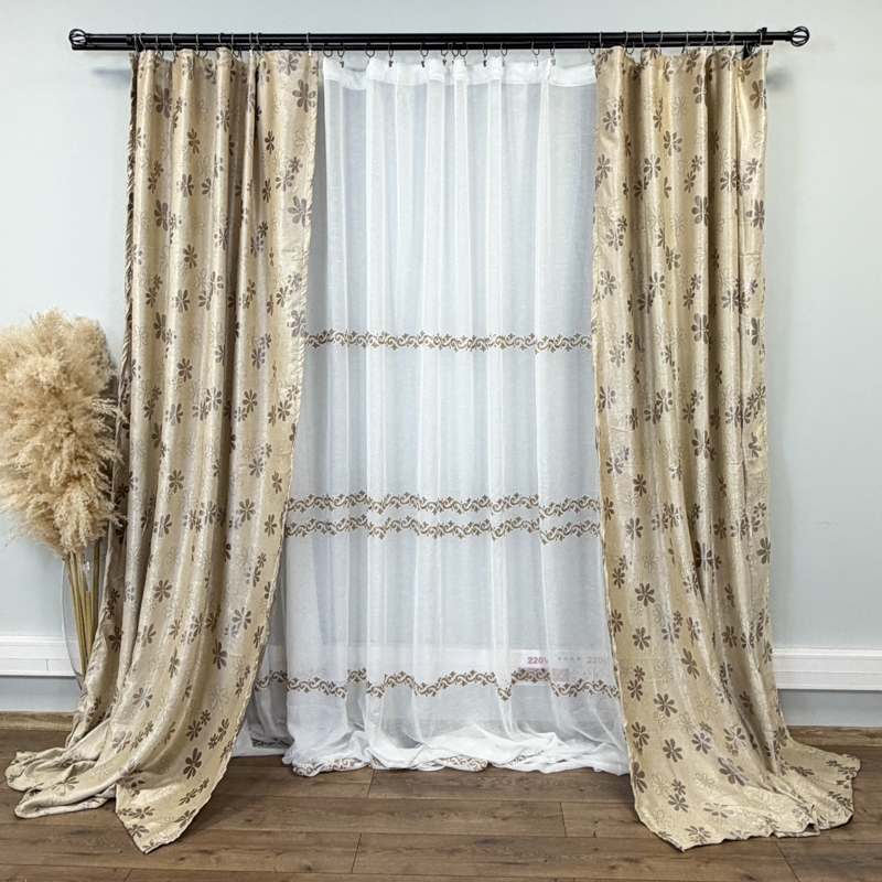 Set 2 Draperii Jacquard, Flori, 150cm latime x 270cm inaltime, Bej + Perdea 400cm latime x 270cm inaltime, tip in cu broderie Bej - imagine 2