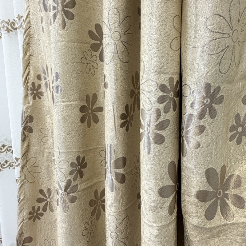 Set 2 Draperii Jacquard, Flori, 150cm latime x 270cm inaltime, Bej + Perdea 400cm latime x 270cm inaltime, tip in cu broderie Bej - imagine 4