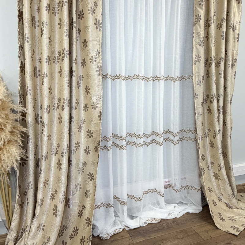 Set 2 Draperii Jacquard, Flori, 150cm latime x 270cm inaltime, Bej + Perdea 400cm latime x 270cm inaltime, tip in cu broderie Bej - imagine 5