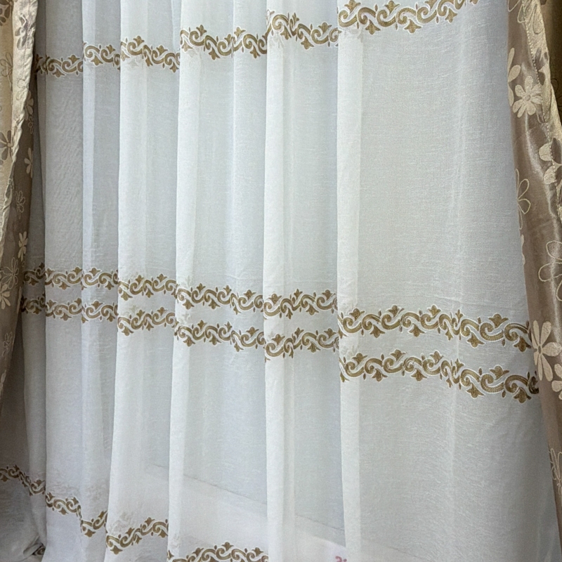Set 2 Draperii Jacquard, Flori, 150cm latime x 270cm inaltime, Bej + Perdea 400cm latime x 270cm inaltime, tip in cu broderie Bej - imagine 7