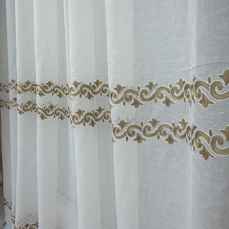 Set 2 Draperii Jacquard, Flori, 150cm latime x 270cm inaltime, Bej + Perdea 400cm latime x 270cm inaltime, tip in cu broderie Bej - imagine 8