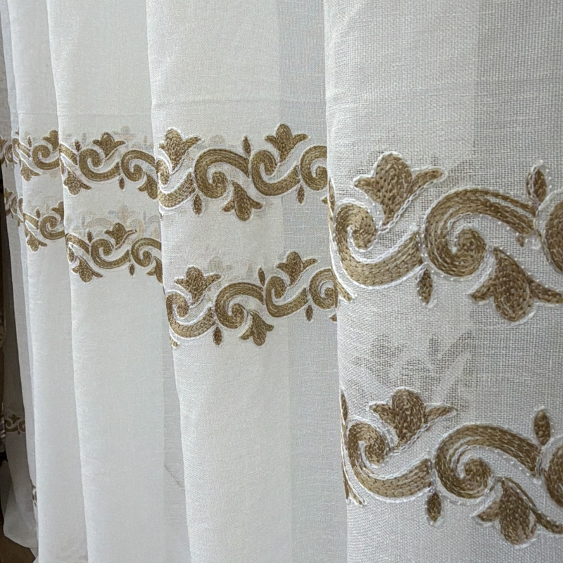 Set 2 Draperii Jacquard, Flori, 150cm latime x 270cm inaltime, Bej + Perdea 400cm latime x 270cm inaltime, tip in cu broderie Bej - imagine 9