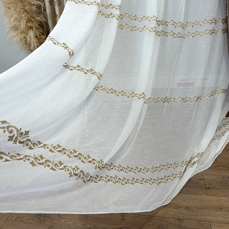 Set 2 Draperii Jacquard, Flori, 150cm latime x 270cm inaltime, Bej + Perdea 400cm latime x 270cm inaltime, tip in cu broderie Bej - imagine 10