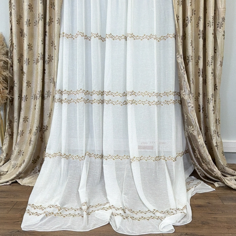 Set 2 Draperii Jacquard, Flori, 150cm latime x 270cm inaltime, Bej + Perdea 400cm latime x 270cm inaltime, tip in cu broderie Bej - imagine 11
