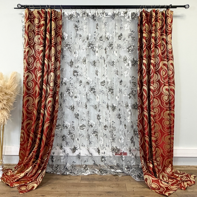 Set 2 Draperii Jacquard, Spiral, 150cm latime x 270cm inaltime, Rosu + Perdea 400cm latime x 270cm inaltime, din Matase Imprimata, Bujori Gri - imagine 2