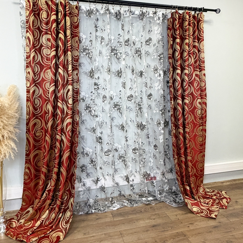Set 2 Draperii Jacquard, Spiral, 150cm latime x 270cm inaltime, Rosu + Perdea 400cm latime x 270cm inaltime, din Matase Imprimata, Bujori Gri - imagine 4
