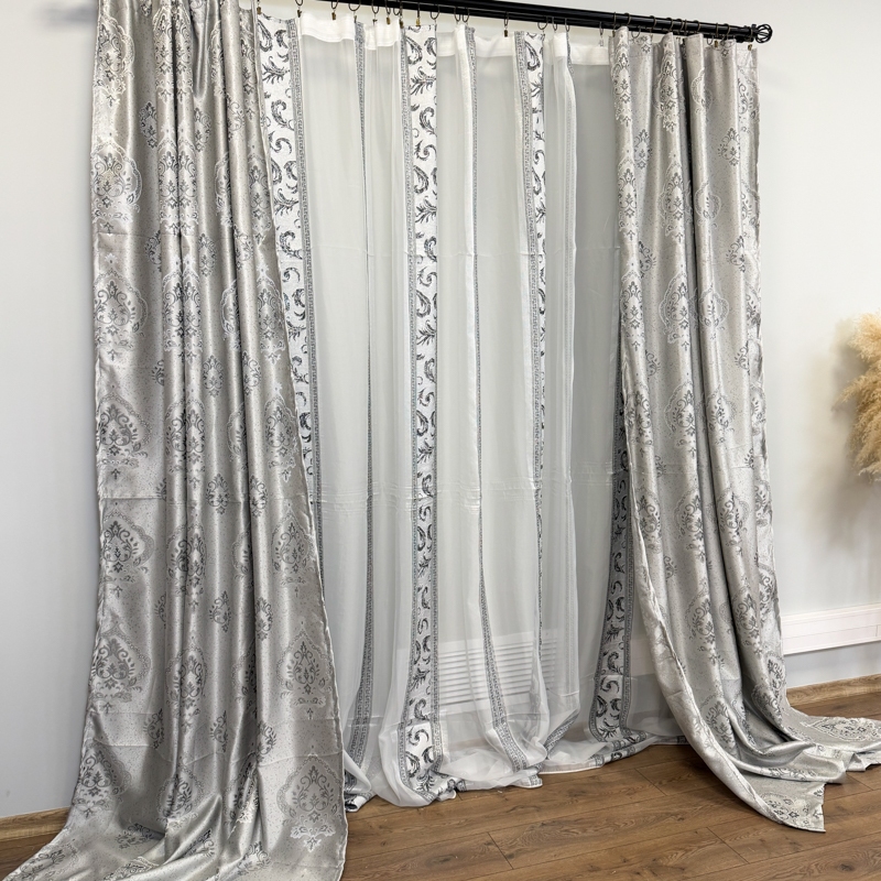 Set 2 Draperii Jacquard, Royal, 150cm latime x 270cm inaltime, Gri mediu + Perdea 400cm latime x 270cm inaltime, din Matase Imprimata, Pene Gri - imagine 3