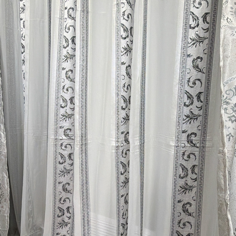 Set 2 Draperii Jacquard, Royal, 150cm latime x 270cm inaltime, Gri mediu + Perdea 400cm latime x 270cm inaltime, din Matase Imprimata, Pene Gri - imagine 7