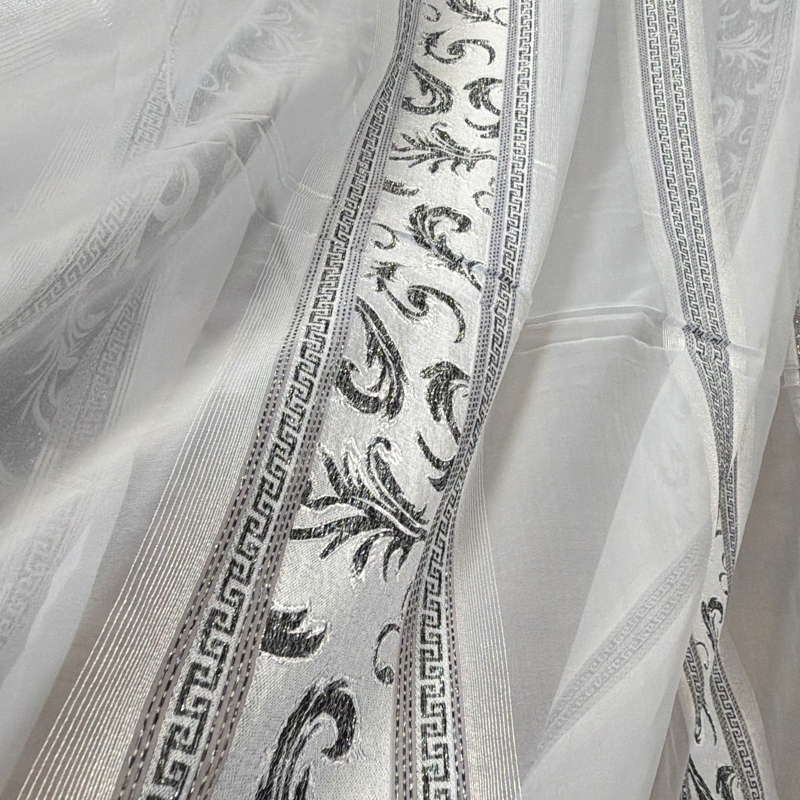 Set 2 Draperii Jacquard, Royal, 150cm latime x 270cm inaltime, Gri mediu + Perdea 400cm latime x 270cm inaltime, din Matase Imprimata, Pene Gri - imagine 9